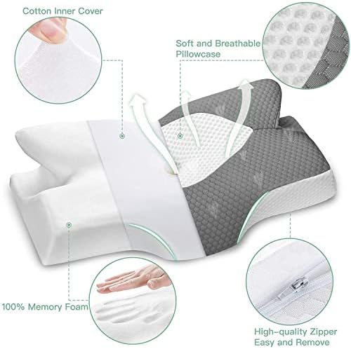 Travesseiro de espuma de memória cervical elviros, 2 em 1 contorno de suporte ortopédico travesseiros para dor no pescoço, travesseiro de cama ergonômica ajustável para o travesseiro lateral, traseiro e estomacal