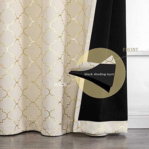 Cortinas de blecaute completo de 63 polegadas de comprimento de cortina bege isolada com padrão metálico geométrico de ouro, cortinas