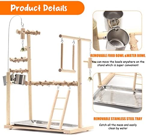 Parrot Bird Playground, Bird Play Play Gym Wood Perch Stand com Copos de alimentação e bandeja, centro de atividades de exercícios