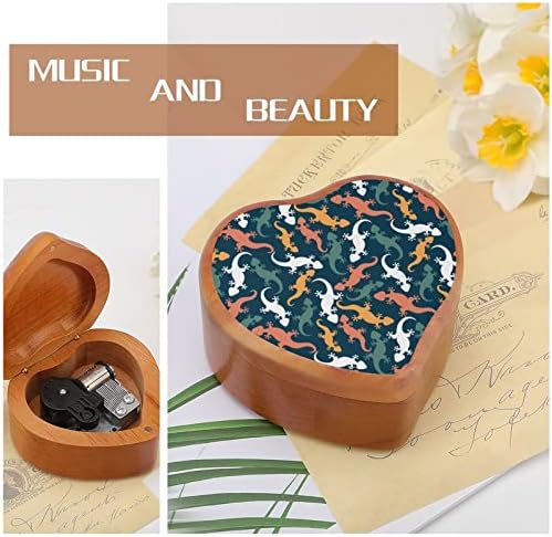 Colorido geckos wooden music box Windup Heart Heart Pried Musical Boxes Case para aniversário de aniversário de dia