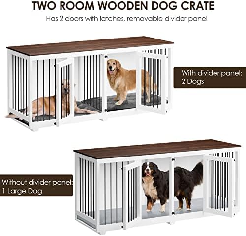 Lovinouse Furniture Style Dog Crate com quarto duplo, canil de cachorro de madeira com divisor removível, TV Dog House Enteteriment Center for Small Medium Grande X-Large Dogs