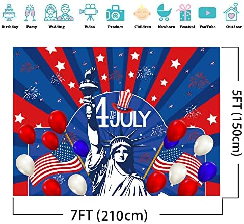 AIIKES 7X5FT DIA DA INDEPENDÊNCIA 4 de julho Caso-cenário patriótico Estátua americana de Liberty Firework USA Flag fotografia Balloons