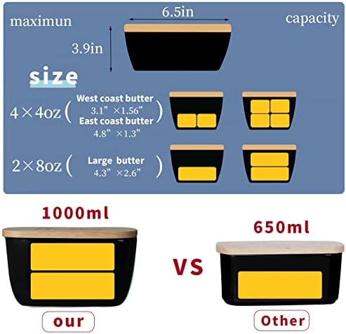Prato de manteiga de cerâmica com tampa de madeira- suporte de manteiga coberta grande para bancada, contêiner de manteiga,