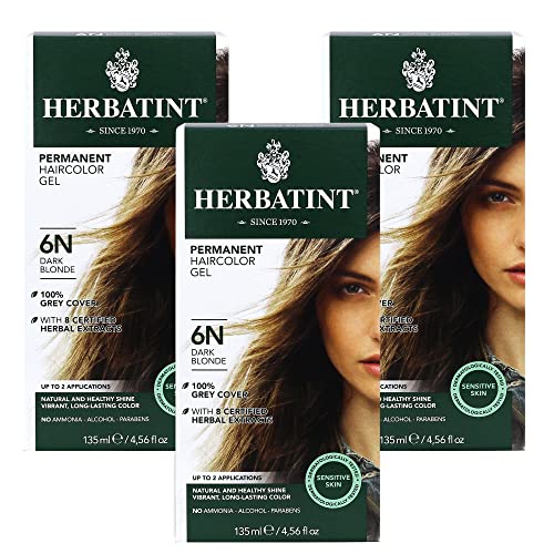 Gel de cabelo permanente Herbatint, 6n Blonde escuro, sem álcool, vegan, de cobertura cinza - 4,56 oz