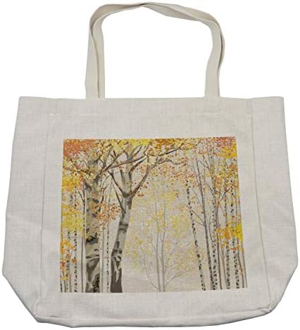 Bolsa de compras de outono de Ambesonne, crescimento de bétula na composição rústica tranquila da floresta de desenhos animados