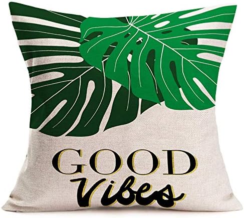 Folhas verdes capas de travesseiro de linho de algodão folha de palmeira tropical com vidas de citação é melhor com plantas capa de almofada de cacto de verão de cacto de verão para o sofá de 18 x18