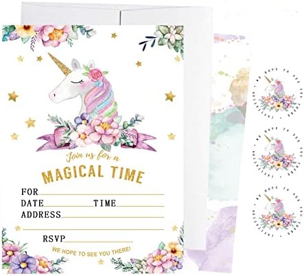 Exija 25 Pack Glitter Unicorn convites com 25 envelopes e 40 adesivos de unicórnio, suprimentos de festas de unicórnio, convites de festas unicórnios para meninas aniversário