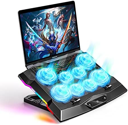 Satnk Gaming Laptop Pad com 8 poderosos ventiladores de refrigeração silenciosa, RGB Lights Laptop Cooler 12-16 polegadas, suporte de resfriamento de laptop com 5 alturas ajustáveis, 3 portas USB, cabo extra longo extra longo