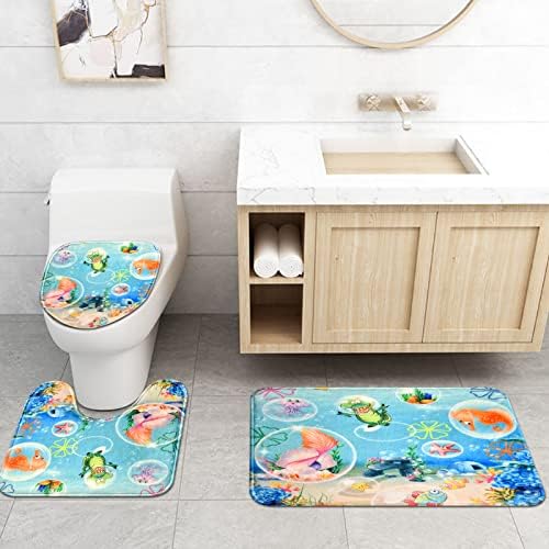 Alishomtll 4 PCs Crianças Curina de chuveiro oceânico Conjunto com tapete não deslizante, tampa da tampa do banheiro e tapete