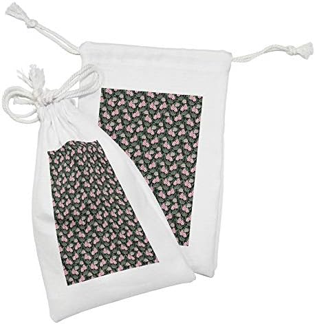 Conjunto de bolsas de tecido de cogumelo de Ambesonne, de 2, bosques de saveiros pontilhados rosa e hedgehogs em um fundo escuro, pequeno saco de cordão para máscaras e favores de produtos de higiene pessoal, 9 x 6, multicolor