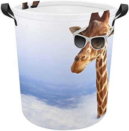Bolsa engraçada de lavanderia de girafas com alças cesto de armazenamento à prova d'água redonda 16,5 x 17,3 polegadas