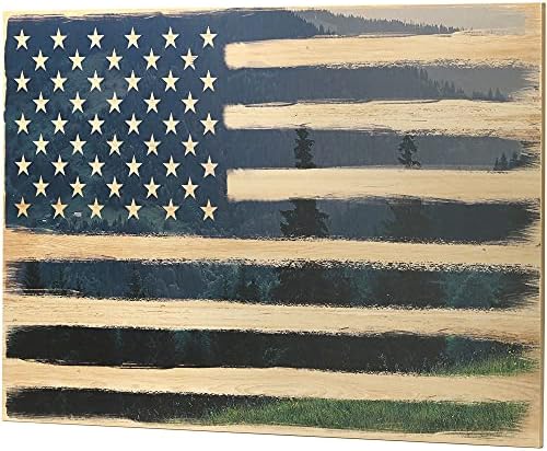 Brands de estrada aberta Bandeira e árvores American Decor de parede de madeira - grande bandeira americana rústica