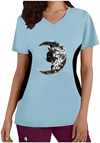 Scrubs_tops for Women Print Cat Moon Lune V Manga curta Moda de t-shirt Scrubs de manga curta de manga curta_shirts