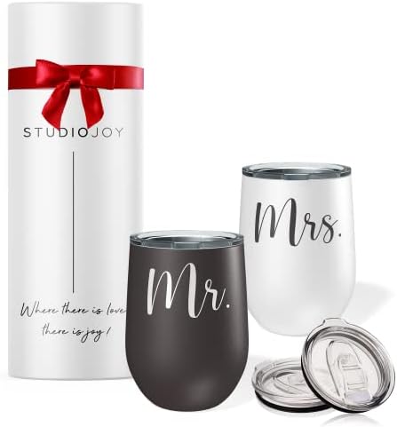 Studio Joy MR e Sra. Tumblers Tumbler de vinho conjunto em caixa de presente - xícara de vinho isolada de 2 peças com tampas - canudos