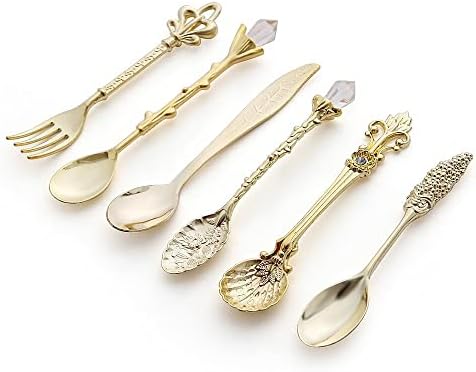 Aliazon 6pcs Spoons vintage Mini Royal Royal Style Gold Metal Metal Carved Snacks Pickers Fruit Pickers Sobersert Fork Kitchen