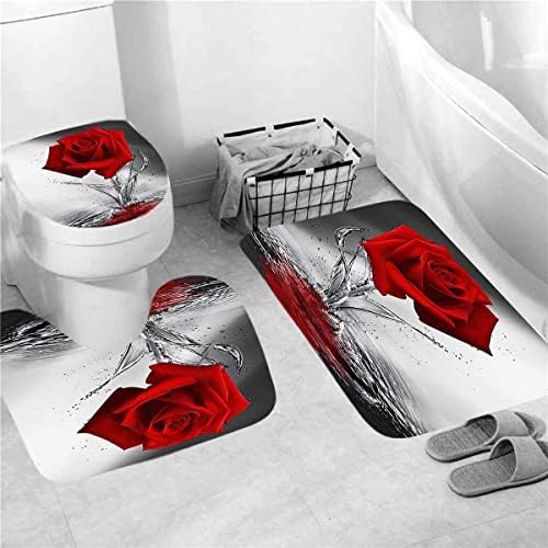Romântico Rose Rose Bathrons com tapetes e acessórios Red Rose Bath Bath, tampa da tampa do vaso sanitário, MAT em forma de U 4pcs, cortina de chuveiro de banheiro à prova d'água para decoração