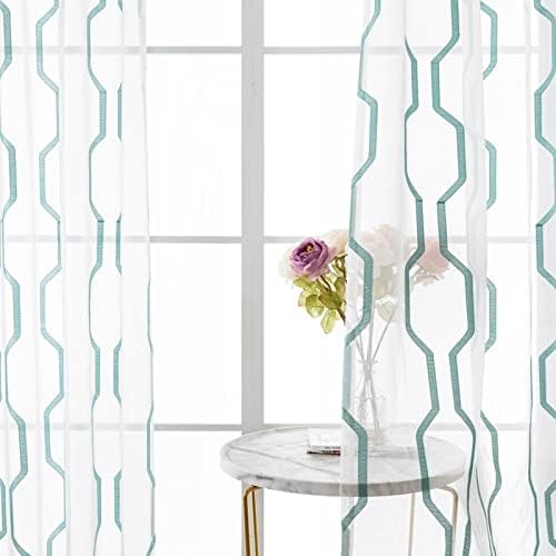Cortinas transparentes daesar para a sala de estar 2 painéis, cortinas de ilhós de voile poliéster azul verde geométrico de bordado