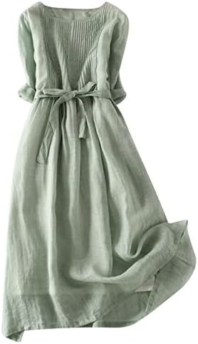 Vestidos de verão de PVCs para mulheres 2023 3/4 Vestido de linho de algodão de luva Cor de vestido de vestido longa e fluido de amarração