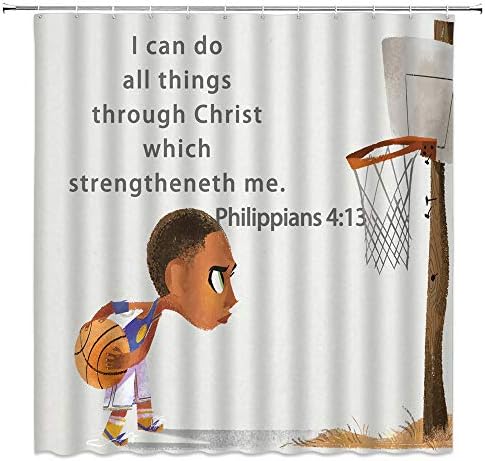 Curta de chuveiro de menino Basquete de basquete inspirador decoração de lema garoto segurando cenário da bíblia de argola de basquete, cortinas de banheiro de poliéster 70x70 polegadas com ganchos marrom marrom