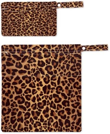 Leopard Cheetah Skin Print 2pcs Impermeável bolsa seca molhada Saco de pano de bebê lavável com dois bolsos com zíper para roupas de banho viajar piscina de praia Bikini Yoga Organizador de ginástica Saco de roupas molhadas