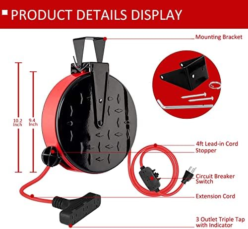 Bobina de extensão retrátil de 30 pés de 30 pés, cabo de alimentação SJTW 16/3 com 3 pontos de venda e disjuntor de 10 amp,