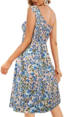 Vestidos de verão midi para mulheres, saia de praia de verão floral um ombro de vestido de comprimento médio sem alças