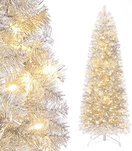 Árvore de Natal de Lápis de Decoway pré-iluminada 6 pés com ornamentos de Natal 6pcs