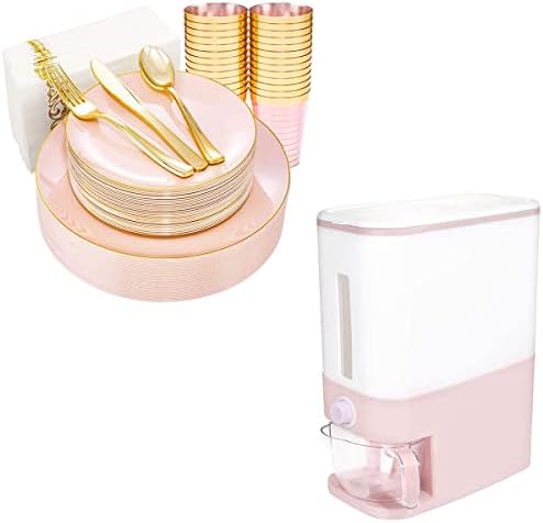 BBG 210 PCS Placas de plástico rosa com conjunto de talheres de plástico dourado, dispensador de arroz de 20 libras, contêiner