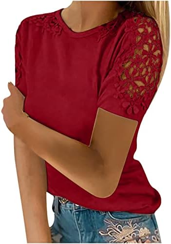 Camisas de tamanho grande para mulheres, mulher de manga curta sólida camiseta no verão redondo de malha de crochê túnica