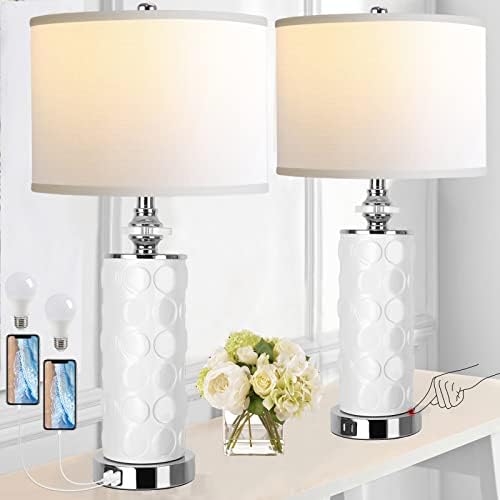 Qimh moderno luminárias de mesa de cerâmica para sala de estar conjunto de 2, lâmpada de mesa de controle de toque de 3 vias
