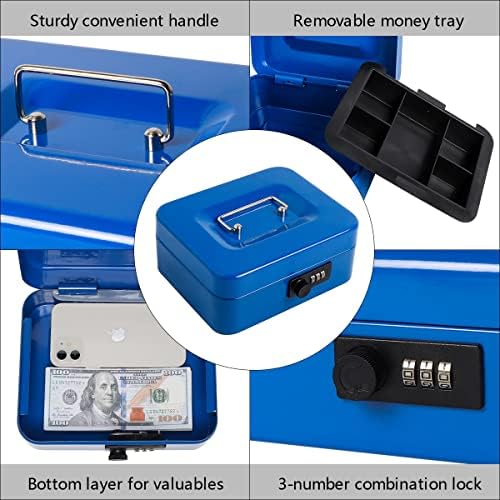 Caixa de dinheiro Kasten com trava combinada, caixa de dinheiro de metal com bandeja de dinheiro, 7,87 x 6,30 x 3,54 , azul