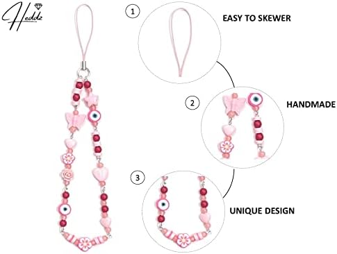 Heddz feiticeiro rosa de miçangas rosa para mulheres meninas | Estilo boêmio Evil Eye Mobile Chain | Acessórios artesanais de coração, borboleta e charme de flores para mulheres e meninas