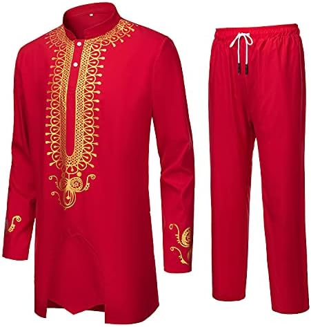 Ynd Men's 2 Piece African Dashiki Camisa e calça, roupa com estampa de ouro