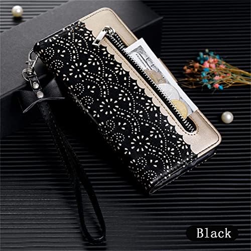 Caixa da carteira XYX para Samsung A53 5G, capa com zíper de couro com flores de lda de renda PU com pulseira de pulso para Galaxy A53 5G, preto