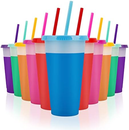 Facilize copos de cores com tampas e canudos - 12 pacotes de 24 oz de copos reutilizáveis ​​com tampas e canudos para adultos festa infantil, copos a granel para chá de café gelado e smoothie