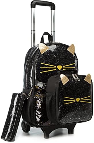 Egchescebo School Bags Kids Rolling Mackpack For Girls Bagage Saytcase Com rodas Mochilas de rodas para garotas Backpack de gatos de gatos de 3pcs de gatos com almoço para as bolsas pretas infantis