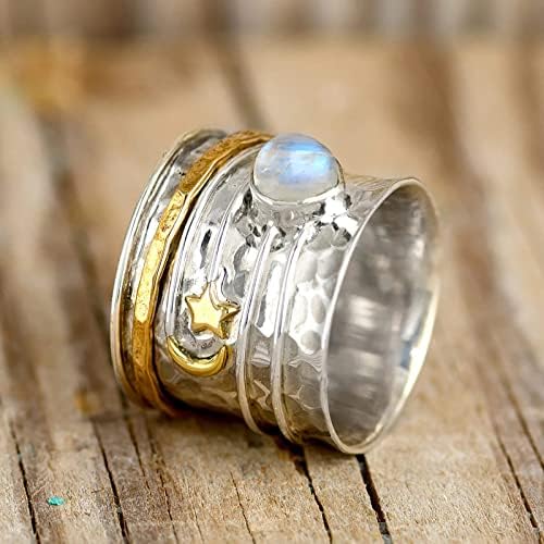 Womens Rings Fashion Moon e Star Crystal giratória Anel de descompressão, anel de banda larga revela anéis de casamento anéis