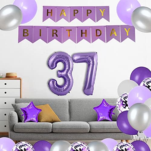 yujiaonly 37º aniversário decorações de festa roxo Parabéns papel de papel roxo 40 polegadas Número 37 Feliz aniversário LATEX e balões