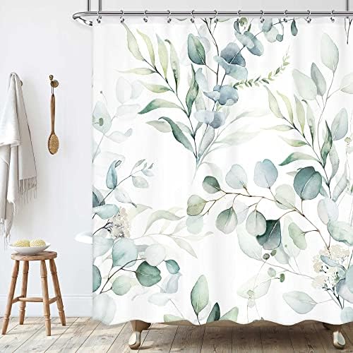 Komllex Eucalyptus folhas cortina de chuveiro 60wx72h polegada moderna aquarela cortina de chuveiro de folhas verdes para