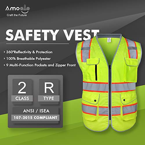 colete de segurança da Amoolo com 9 bolsos, zíper e pescoço acolchoado, colete refletivo de alta visibilidade, ANSI/ISEA Tipo R classe 2, amarelo, L