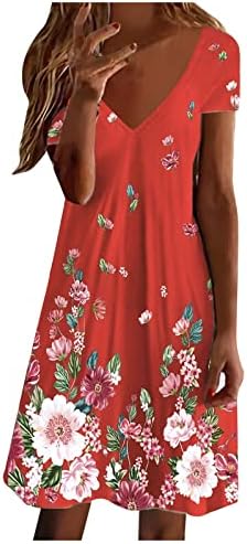 Vestido casual de verão, Ress for Women Floral Floral Short Sleeve V Neck Casual Fit Fit Flar Dress Mini camiseta de vestido