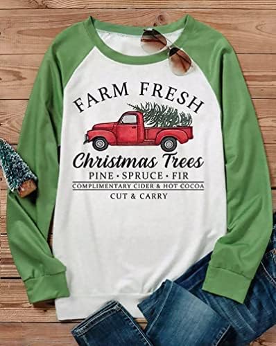 Fazenda árvores de Natal frescas Camisa de moletom de manga comprida para mulheres Feliz Natal Splicing Splicing Plaid Raglan Pullover Shirts
