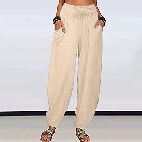 calça de linho feminina de lcziwo calças de pernas largas de verão largo blot blot blot abaixo calças de cintura alta com bolsos