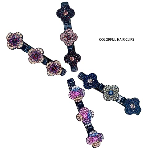 4pcs Dream Color Crystal Stone Cabelos trançados, clipes de cabelo trançados de strinstone brilhantes, trevo de trevo de
