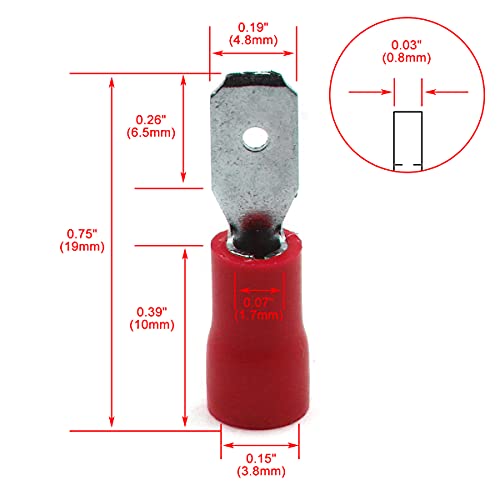 Baomain Red Male Isolle Spade Fire Conector Terminal de crimpagem elétrica 22-16 AWG 4,8 x 0,5 mm Pacote de 100