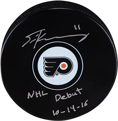 Travis Konecny ​​Philadelphia Flyers autografou o disco de hóquei com a inscrição NHL estreia 10/10/16 - Pucks autografados