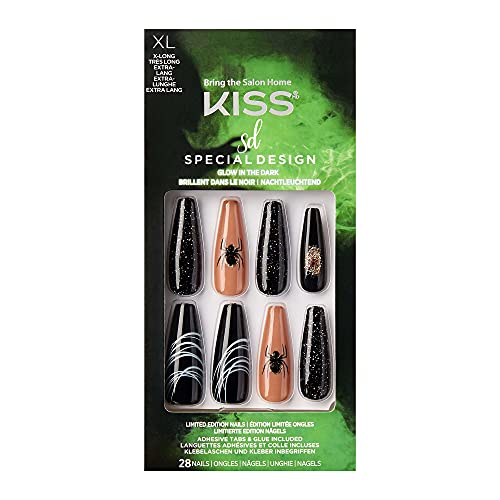 Kiss Halloween Design Especial Unhas - Coisas Estranhas, comprimento extra longo, forma de caixão, 28 unhas falsas