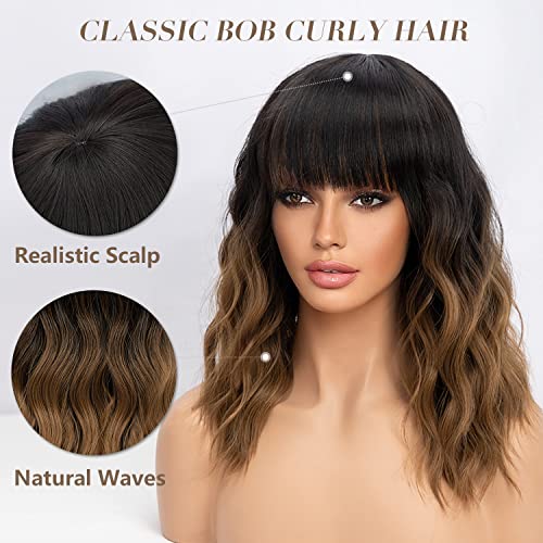 Nnzes curta peruca ondulada com franja para mulheres na altura dos ombros Bob Auburn Curly Women's Charming Wigs Synthetic com cabelos naturais resistentes ao calor para uso diário de festas