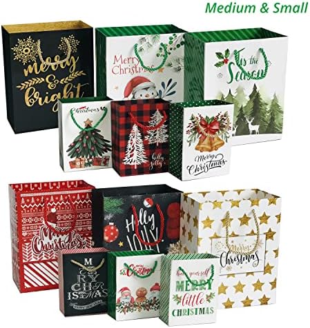 24 sacolas de papel de presente de Natal em massa com alças e 60 contagens de tamanhos de presente de presente de Natal, tamanhos