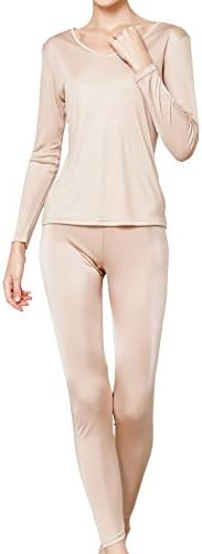 Metway Women's Silk Long Johns | Conjuntos de roupas de baixo de seda de decote em V | Roupa íntima de seda de seda de